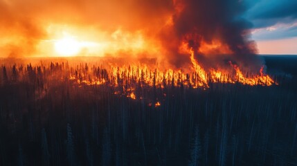 incredible photo of the forest after a big forest fire. black burnt trees. top view.