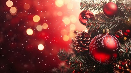 close up of decorated Christmas tree branches with red baubles and pine cones, softly blurred red background with bokeh lights, banner with copy space. Christmas, New Year Eve, winter holiday concept