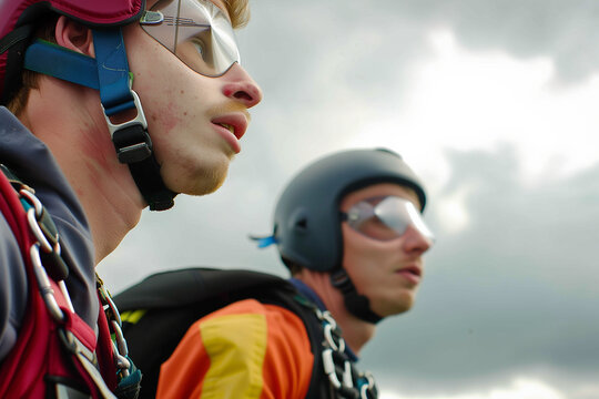 Intermediate skydivers landing in drop zone, with focused expressions, close-up shot with overcast light. Generative AI