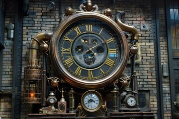 Intricate steampunk clock face with roman numerals and exposed gears