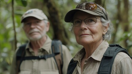 Senior Couple Embracing Adventure in Tropical Paradise A Story of Love, Exploration, and Timeless Style They're dressed in casual vintage wear, radiating confidence as they navigate the lush, vibrant