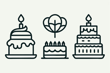 Birthday Cake Icons Set - Vector Illustration, Logo Icon, Clipart Design, Line Art, Outline Vector, Silhouette 