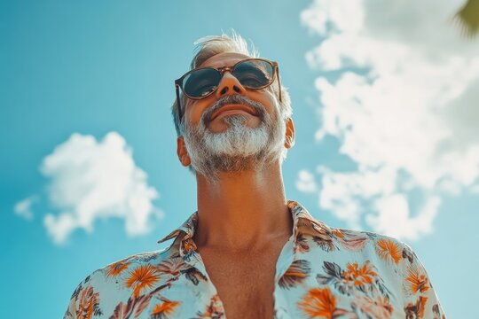 Stylish Senior Man in Retro Floral Shirt Embraces Summer Vacation Vibes, Cool Confidence, Joyful Expression, Sunny Day, Relaxed Style, Beach Fashion