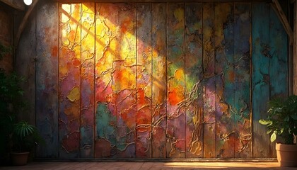 Stained glass texture with a colorful, abstract pattern, creating a dynamic light effect on walls. Ideal for decorative accents.