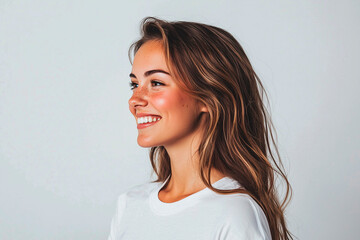 Fototapeta premium smile, photo, full color photo of side profile portrait of a woman with white t-shirt, seamless white background, high contrast