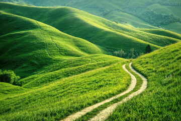Winding dirt path through lush green rolling hills in the countryside