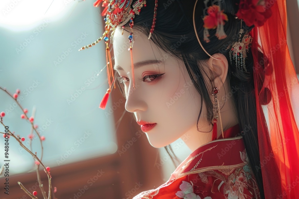 Sticker beautiful woman in the goddess ancient china beauty style background, ai generated