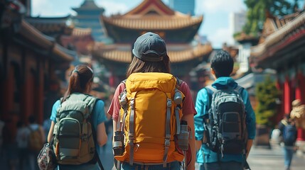 Fototapeta premium Backpack-clad tourists discovering the wonders of Asian architecture.