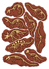 Dinosaur fossil skeleton bones, excavations of archeology isolated set. Collection of prehistoric reptile skeletons lying underground. Cartoon paleontological artifacts