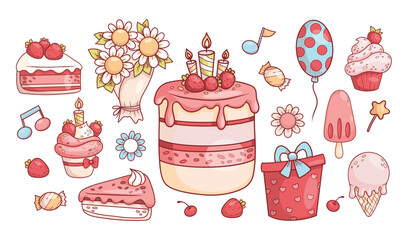 Holiday collection. Bouquet of flowers chamomile, birthday cake with candles and strawberries, cupcakes, gift, ice cream and balloon. Isolated festive items. Vector illustration.