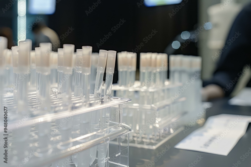 Poster lab technician working with test tubes containing liquid for analysis in a laboratory setting