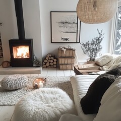 Cozy Winter Living Room: A warm and inviting living room with a cozy fireplace, fluffy blankets, and a rustic aesthetic. Perfect for creating a sense of peace and tranquility. 