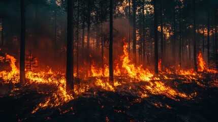Fototapeta premium incredible photo of the forest after a big forest fire. black burnt trees. top view.