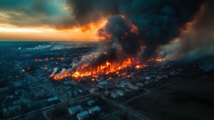 Fototapeta premium photo of a large fire in the suburbs. a lot of smoke top view.