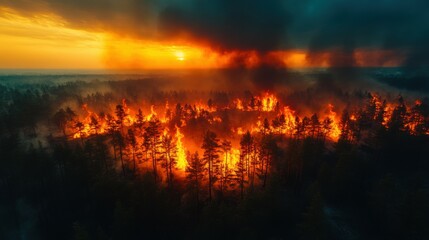Fototapeta premium incredible photo of the forest after a big forest fire. black burnt trees. top view.