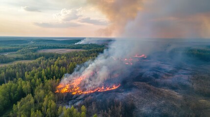 incredible photo of the forest after a big forest fire. black burnt trees. top view.