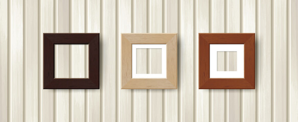 Empty Square Wooden Wall Frames Mockup Template. Three vector realistic wood frame with shadow on wooden plank wall background. Interior mockup for poster, photo gallery, painting, presentation.