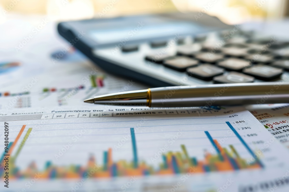 Poster financial analyst is analyzing charts and using a calculator to perform financial calculations
