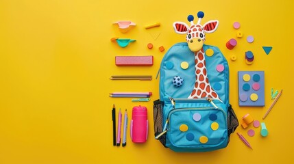 Giraffe backpack with colourful school supplies on yellow background. Back to school concept. Flat lay, top view.