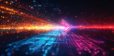 A colorful arrow made of glowing light beams, pointing right at the center on a black background he arrow forms an elegant and dynamic shape with a sense of motion and speed