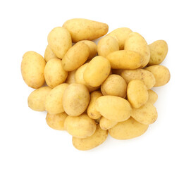 Pile of fresh young potatoes isolated on white, top view