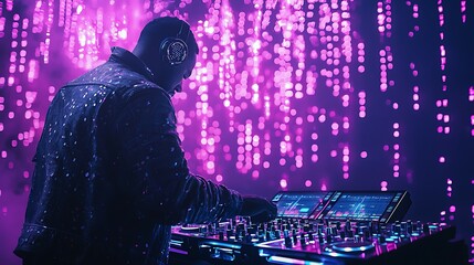 A DJ mixes music in a nightclub, illuminated by the pulse of purple lights.