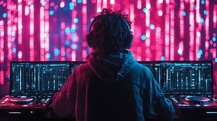 A DJ immersed in their craft, surrounded by the vibrant glow of neon lights.