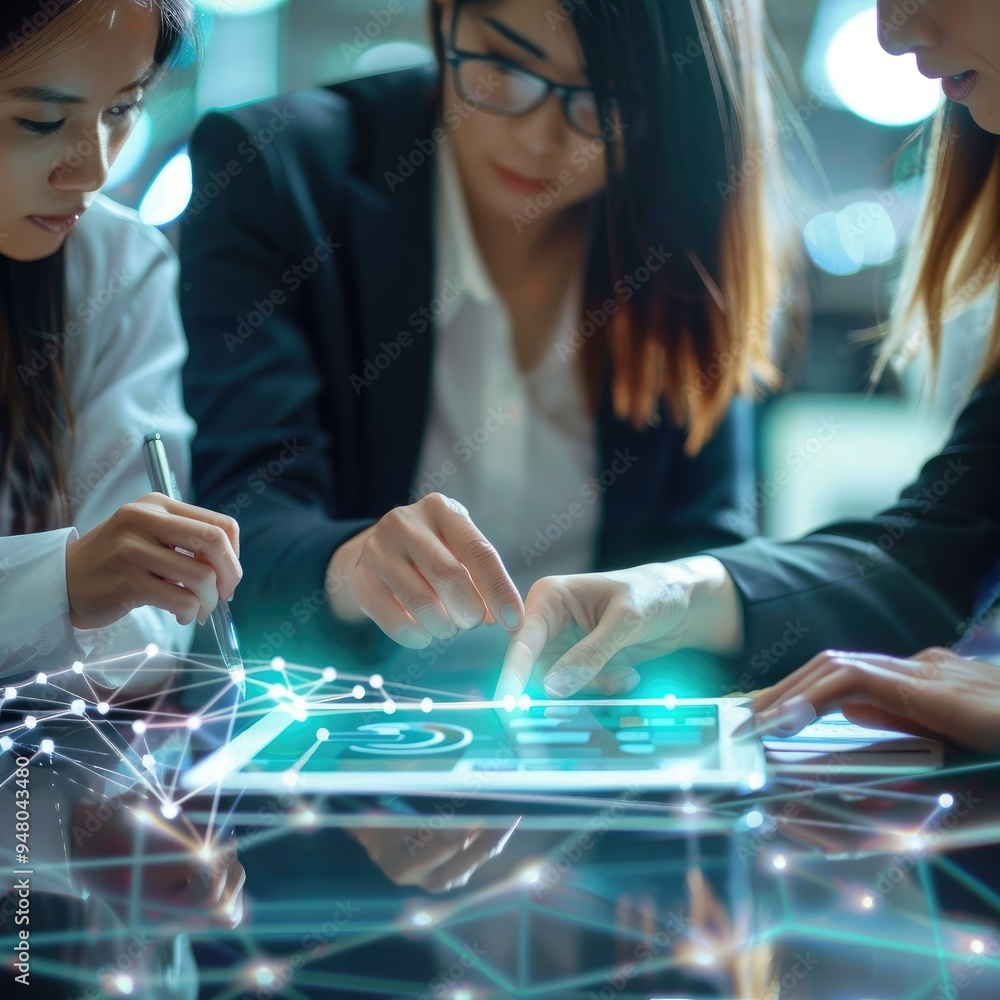 Poster group of businesswoman and accountant checking data document on digital tablet for investigation of 