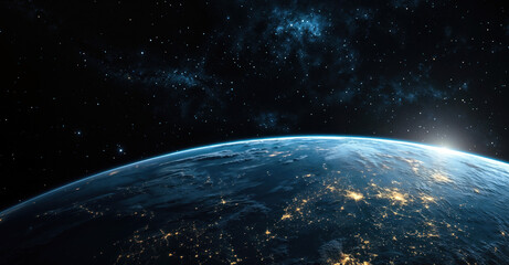 Obraz premium Earth from space with a star-filled sky, showcasing city lights on the planet surface and the vastness of the universe