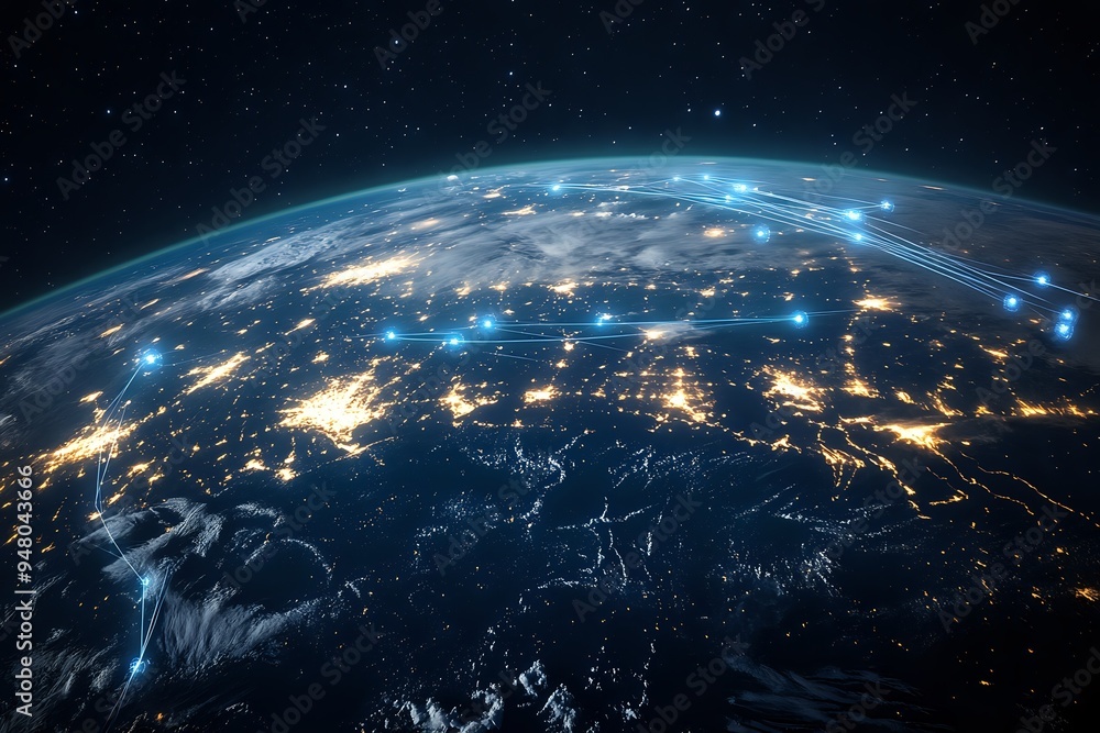 Poster global network connections illuminate earth from space - a visual representation of interconnectedne