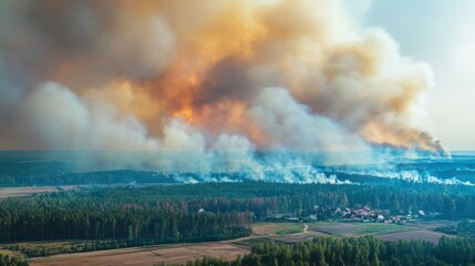 Fototapeta premium photo of a large fire in the suburbs. a lot of smoke top view.