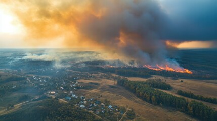 Fototapeta premium photo of a large fire in the suburbs. a lot of smoke top view.