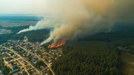 Fototapeta premium photo of a large fire in the suburbs. a lot of smoke top view.