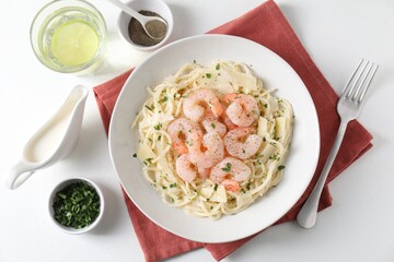 Delicious pasta with shrimps and cheese served on white table, top view