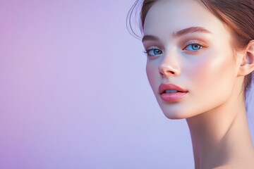 Naklejka premium Portrait of a Young Woman with Blue Eyes and Soft Skin