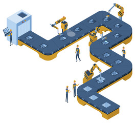 Factory isometric conveyor line. Industrial automated robotic conveyor, production 3d line. Electronic factory assembly line with plant workers. Composition isometric illustration