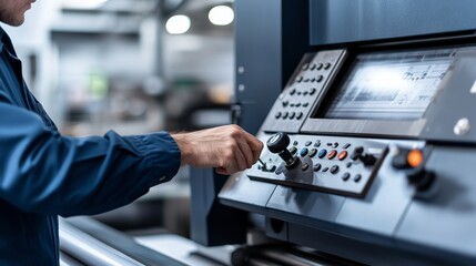 A printing press operator adjusting the controls on a large industrial machine, ensuring the print quality
