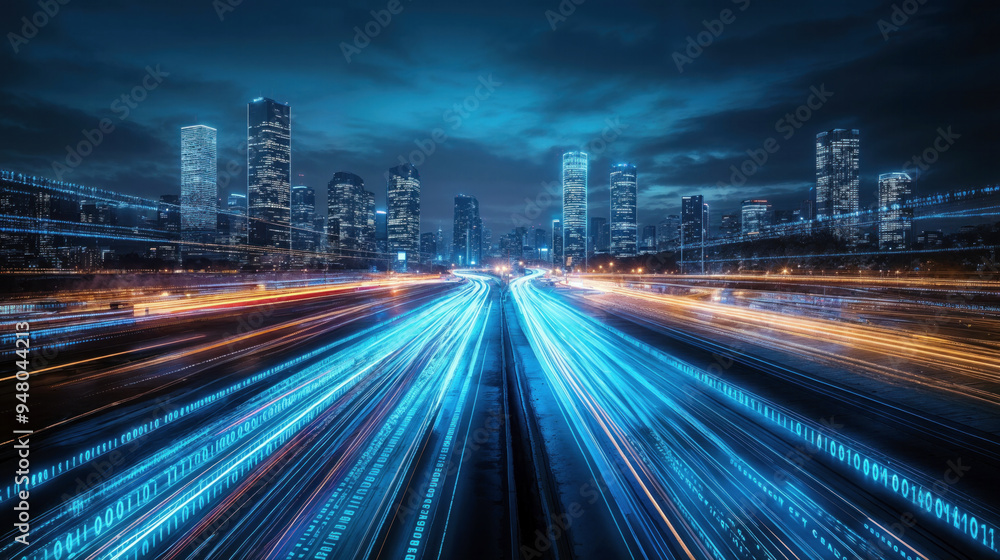 Poster binary code flowing on a city highway transforming into light trails at night