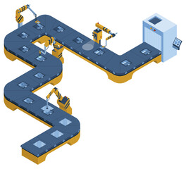 Factory isometric conveyor line. Industrial automated robotic conveyor, production 3d line. Electronic factory assembly line without plant workers. Composition isometric illustration