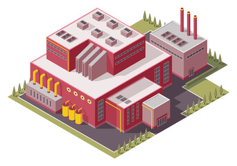 Isometric factory. Concept of industrial plant with chimney tower or pipes. Industrial bulding. 3d isolated icon. Architecture of manufacture house