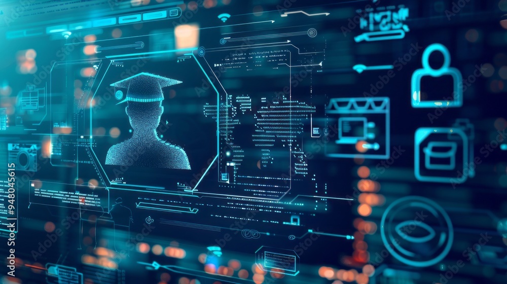 Poster A computer screen with a person and a graduation cap
