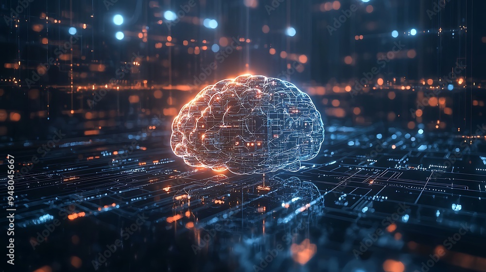 Poster an abstract concept of a digital brain, glowing with the intricate patterns of technology.