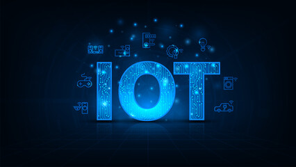 Internet of Things concept. Icons representing smart devices and connected technology. Futuristic blue digital background.