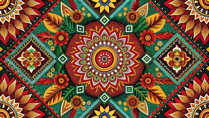 Fototapeta premium Colorful Floral Mandala Pattern with Geometric Designs