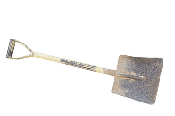 Rusty old shovel isolated on white background. Concept. tool work. equipment for construction or agriculture. Use a shovel to scoop up soil, rocks, sand, and other things.                    