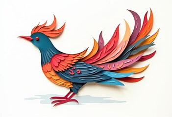 Fototapeta premium Whimsical Papercut Bird: A Colorful and Abstract Illustration with Wavy Feathers