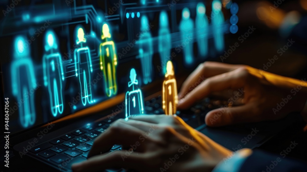 Poster hands of hr specialist is typing the keyboard in the internet to find the best candidates to create 