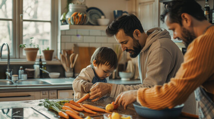 Gay men couple cooking together inside modern kitchen with little son - Family, homosexual love and lifestyle concept - Models by AI generative - Soft focus on man face
