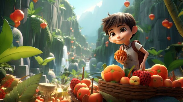 photo of a D character exploring a tropical paradise filled with fruits.