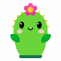 cactus, cartoon, character, happy, flower, crown, cute, vector, illustration, clipart, green, pink, yellow, purple, pot, texture, spikes, plump, arms, smile, vibrant, pattern, design, white, backgroun